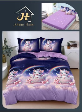 Lenjerie de pat cu elastic 2 persoane | mov si bleumarin cu unicorni | 4 piese | Policoton fin | Johnny Home