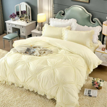 Lenjerie de pat din catifea, cu broderie, pat 2 persoane, crem, 4 piese, CCJ-11