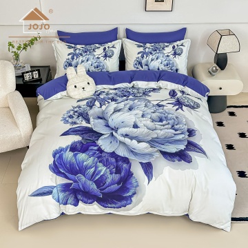 Lenjerie de pat dublu din finet 5D Blue Peony JOJO HOME – Alb și Albastru Regal cu Bujori – 6 piese cu cearceaf elastic