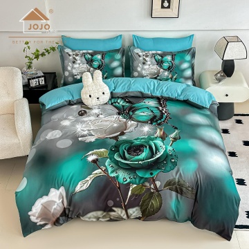 Lenjerie de pat dublu din finet 5D Emerald Butterfly JOJO HOME – Turcoaz și Gri cu Fluture și Trandafir – 6 piese cu cearceaf elastic