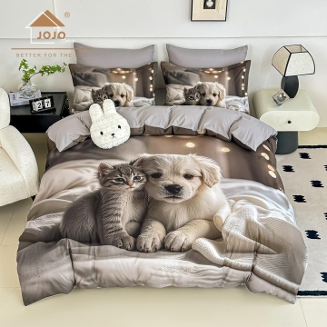 Lenjerie de pat dublu din finet 5D Gri Perlat cu Cățeluș și Pisicuță JOJO HOME – 6 piese cu cearceaf elastic