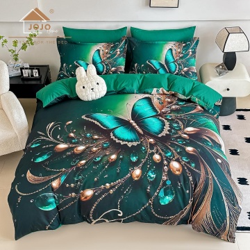 Lenjerie de pat dublu din finet 5D Verde Smarald cu Fluture și Cristale JOJO HOME – 6 piese cu cearceaf elastic