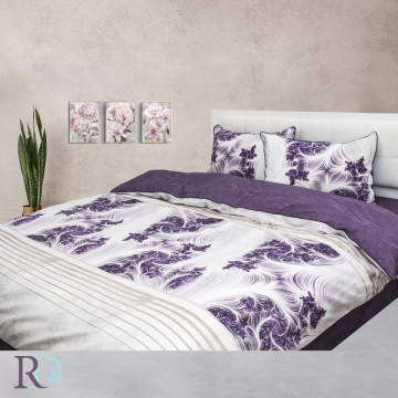 Lenjerie de pat Fiorella, 100% bumbac satin, alb / mov închis, Roxyma Dream – imagine de catalog a produsului