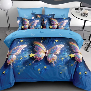Lenjerie de pat Johnny Home Pucioasa, 6 piese, finet, model fluturi multicolori pe fundal albastru, 2 persoane