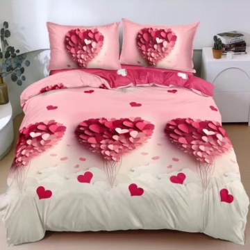 Lenjerie de pat roz cu inimioare și model romantic, 4 piese, policoton