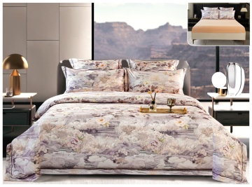 Lenjerie pat satin digital flori | Bej deschis | 6 piese | 2 persoane | Cu elastic