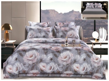 Lenjerie pat satin digital flori | Gri cu roz pudrat | 6 piese | 2 persoane | Cu elastic
