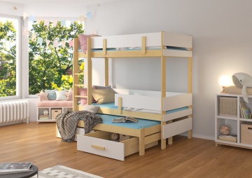 Pat copii ADRK ETAPO – 90x200 cm – cu somieră inclusă – cu ladă de depozitare – Pin natural / Alb