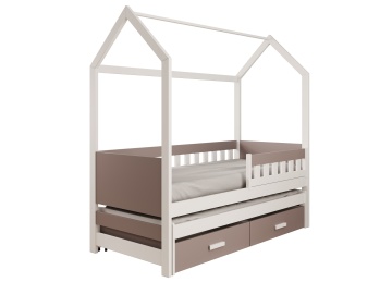 Pat copii ADRK House Jaspis – 80x180 cm – cu somieră inclusă – cu ladă de depozitare – Alb / Trufă – SKU CH-JAS-WT-180-M