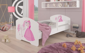 Pat copii ADRK PEPE – 70x140 cm – cu somieră inclusă – cu barieră de protecție – Prințesă și cal – Alb