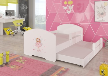Pat copii ADRK PEPE II – 80x160 cm – cu somieră inclusă – cu barieră de protecție – Fetiță cu aripi – Alb – PAL laminat 18 mm