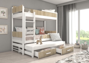 Pat copii ADRK QUEEN – 80x180 cm – cu somieră inclusă – cu ladă de depozitare – Alb / Sonoma – SKU CH-QUE-W_S-M-180
