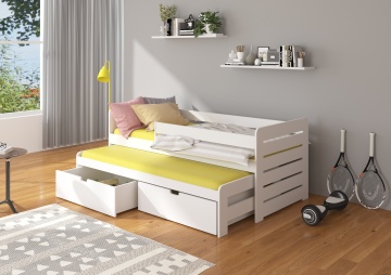 Pat copii ADRK TOMI – 90x200 cm – cu somieră inclusă – cu ladă de depozitare – cu barieră de protecție – Alb – SKU CH-Tom-W-206-E1435
