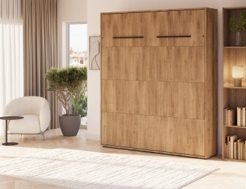 Pat rabatabil ADRK Vivario 160 – 160x200 cm – Stejar Artisan – deschis cu lenjerie bej în ambient, vedere laterală