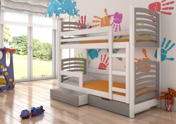 Pat supraetajat ADRK copii OSUNA – 75x180 cm – cu somieră inclusă – cu ladă de depozitare – Alb / Gri