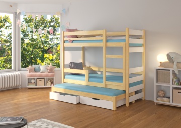 Pat supraetajat ADRK pentru 3 persoane KARLO – 75x180 cm – Pin / Alb – prezentare completă a produsului