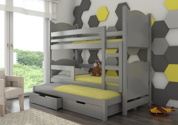 Pat supraetajat ADRK pentru 3 persoane LETICIA – 75x180 cm – cu somieră inclusă – cu ladă de depozitare – Gri