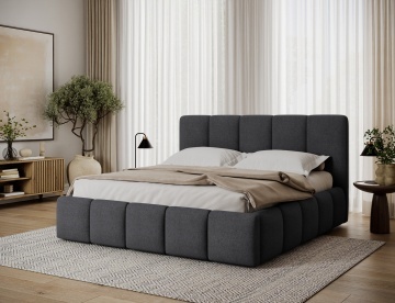 Pat tapițat ELTAP Edvige, 140x200 cm, gri închis, Sawana 05 – amenajat într-un dormitor, vedere trei sferturi din lateral – prezentare suplimentară a modelului