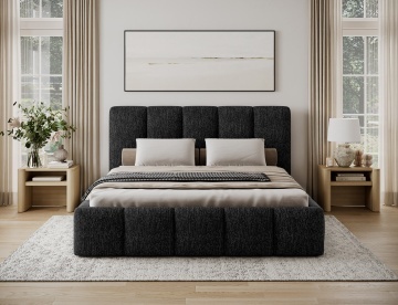 Pat tapițat ELTAP Edvige, 140x200 cm, negru, Berlin 02 – amenajat într-un dormitor, vedere frontală – prezentare suplimentară a modelului