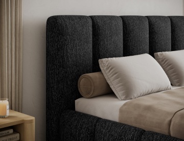 Pat tapițat ELTAP Edvige, 140x200 cm, negru, Berlin 02 – detaliu al tăbliei tapițate și al pernei decorative – prezentare suplimentară a modelului