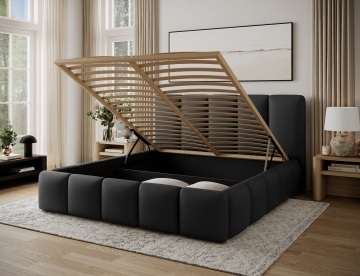 Pat tapițat ELTAP Edvige, 140x200 cm, negru, Soft 11 – în ambient cu salteaua vizibilă și fără lenjerie – prezentare suplimentară a modelului