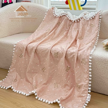 Pătură pentru bebeluși și copii, 100x150 cm, față din bumbac, verso Minky cu buline 3D, ciucurei, JoJo Home – Ursuleți și steluțe