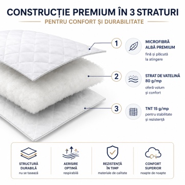 Structura pernei matlasate premium din microfibră, vatelină 80 g/mp și TNT 15 g/mp