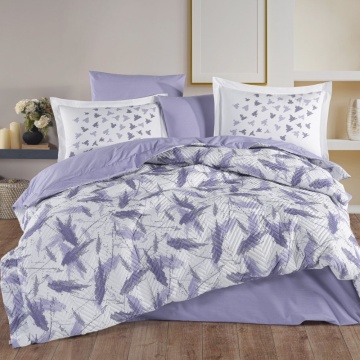 Set lenjerie de pat 4 piese pentru 2 persoane bumbac poplin 100% alb cu lila | Silva | Hobby Home