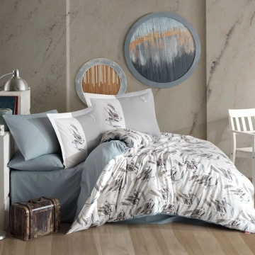 Set lenjerie de pat bumbac poplin 100% Estate | Hobby Home | Alb cu gri | Imprimeu abstract | 4 piese | 2 persoane