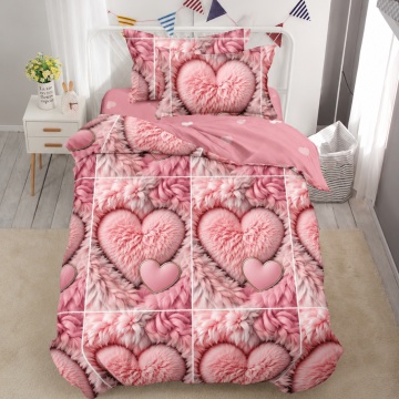 Lenjerie de pat 1 persoană Pink Furry Hearts 4 piese, cu cearceaf cu elastic, Policoton – Johnny Home