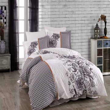 Lenjerie de pat 4 piese, 100% bumbac poplin, gri/alb, Arianna, HBP-49