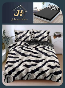 Lenjerie de pat cu elastic 2 persoane | alb si negru animal print | 4 piese | Policoton fin | Johnny Home