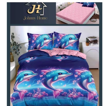 Lenjerie de pat cu elastic 2 persoane | albastra si roz cu delfini | 4 piese | Policoton fin | Johnny Home