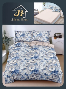 Lenjerie de pat cu elastic 2 persoane | crem si albastru cu flori | 4 piese | Policoton fin | Johnny Home