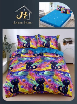 Lenjerie de pat cu elastic 2 persoane | multicolora cu pisici cosmice | 4 piese | Policoton fin | Johnny Home