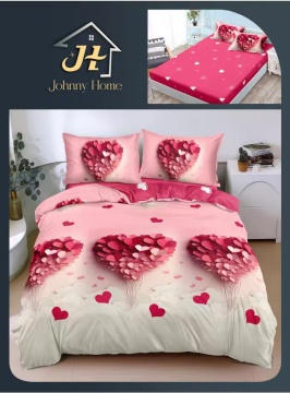 Lenjerie de pat cu elastic 2 persoane | roz cu inimioare | 4 piese | Policoton fin | Johnny Home