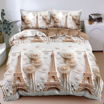 Lenjerie de pat cu Turnul Eiffel și flori delicate, 4 piese, policoton