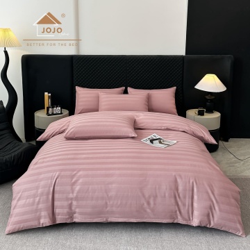 Lenjerie de pat Damasc 100% Bumbac Roz Pudrat cu Dungi Satinate | Cearceaf cu Elastic | 6 Piese | Pat 2 Persoane | JOJO HOME