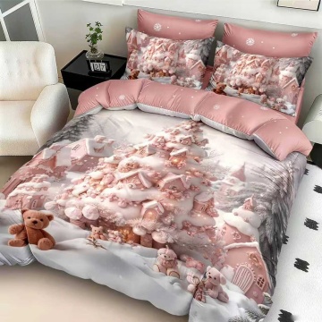 Lenjerie de pat de Crăciun cu elastic, policoton, 6 piese, alb și roz, Elegant Home Pucioasa, MT-14