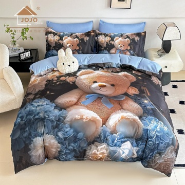 Lenjerie de pat din finet 5D JOJO HOME cu ursuleț Teddy și imprimeu floral în nuanțe de bleu și bej