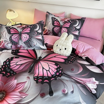 Lenjerie de pat romantică JOJO HOME cu fluturi roz și flori pastelate în nuanțe de gri și roz