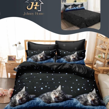 Lenjerie de pat Johnny Home Pucioasa, 6 piese, finet, model pisici pe fundal negru, 2 persoane