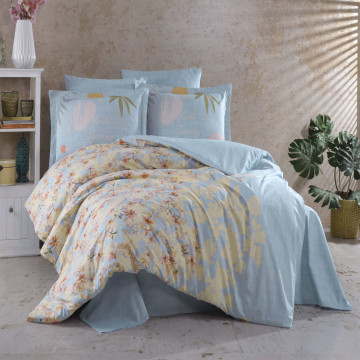 Lenjerie de pat Lili, bumbac poplin 100%, 4 piese, pat 2 persoane, galben / albastru