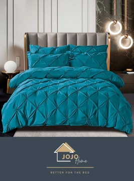 Lenjerie de pat premium petrol cu pliuri decorative brodate, 6 piese, pentru 2 persoane, Jojo Home