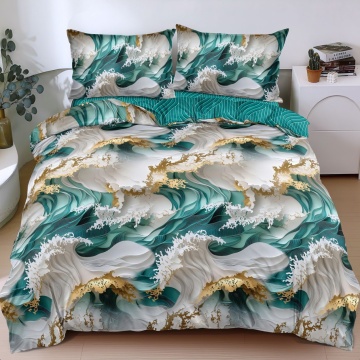 Lenjerie de pat verde cu model abstract valuri și accente aurii, 4 piese, policoton