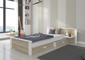 Pat copii ADRK ALDEX – 80x180 cm – cu somieră inclusă – cu ladă de depozitare – Alb / Sonoma