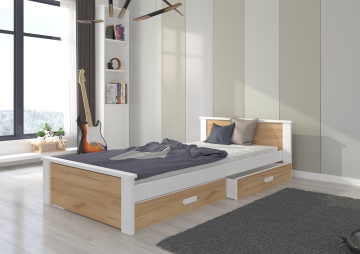 Pat copii ADRK ALDEX – 80x180 cm – cu somieră inclusă – cu ladă de depozitare – Alb / Stejar Auriu – PAL laminat 16 mm