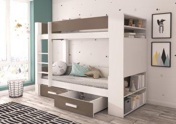Pat copii ADRK GARET – 90x200 cm – cu somieră inclusă – cu ladă de depozitare – Alb / Trufă – SKU CH-Gar-W+TRF-230+M-E207