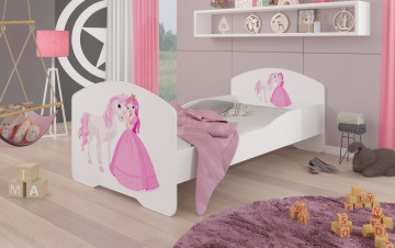 Pat copii ADRK PEPE – 80x160 cm – cu somieră inclusă – Prințesă și cal – Alb