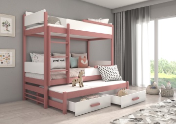 Pat copii ADRK QUEEN – 90x200 cm – cu somieră inclusă – cu ladă de depozitare – Roz / Alb – SKU CH-QUE-P_W-200